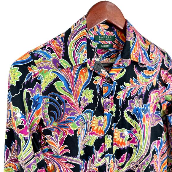 Ralph Lauren Womens Sz Small No Iron Vibrant Black Tropical Blouse Shirt Top - Picture 3 of 8